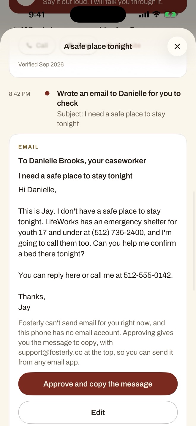 An email Fosterly drafted to a caseworker asking for help finding a safe place to stay tonight, with an Approve button.