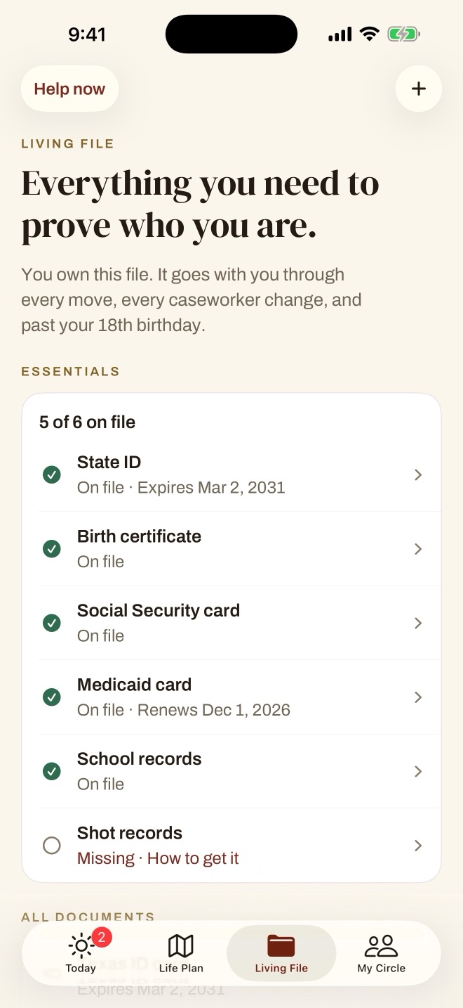 The Living File screen: 5 of 6 essentials on file, with shot records marked missing and a link for how to get them.